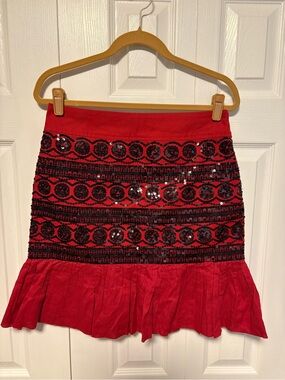 Anthropologie Moulinette Soeurs Red Sequin Embellished Ruffle Hem Skirt